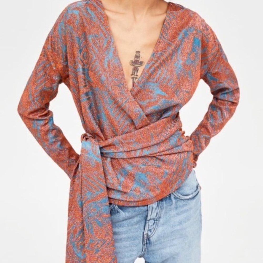 ZARA Mettalic Shimmer Wrap Tap Burn Orange L NWT